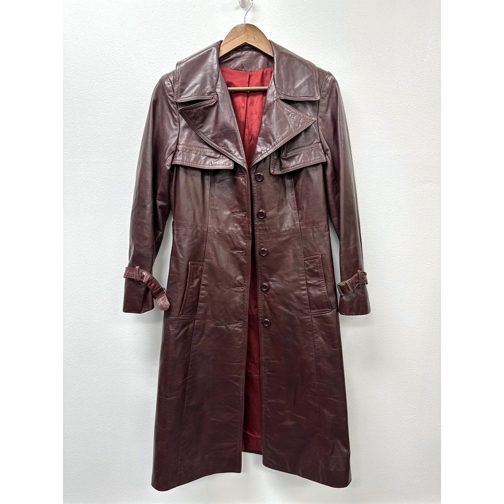 Vintage 1970s Skin Flair‎ Leather Overcoat Trench Maroon XS